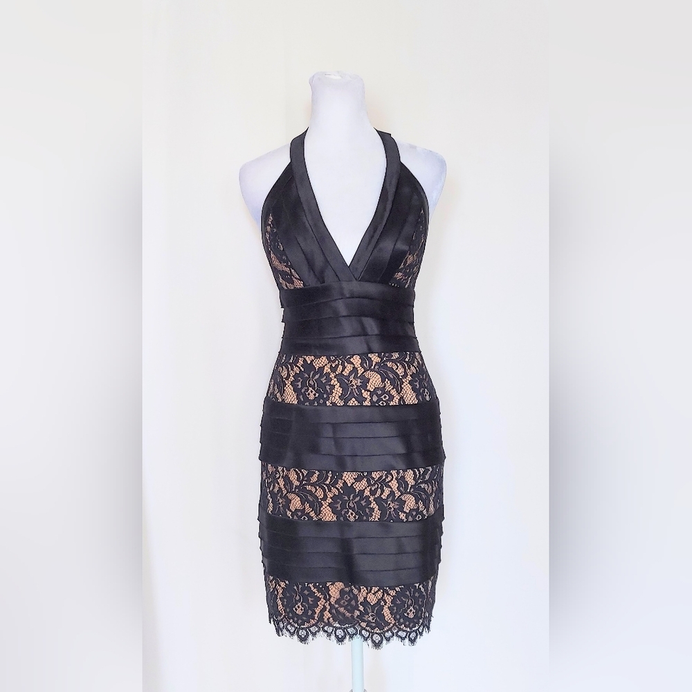 BCBGMAXAZRIA Bandage Lace Halter Dress Black Beige Size 0